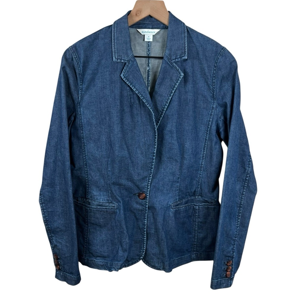 Sundance Womens 6‎ Dark Wash One Button Closure Denim Jacket Pockets